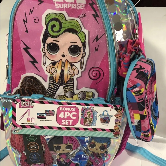 New L.O.L. Surprise! Remix 4pc. Pink Backpack 17” Lunch bag Lanyard Zip Case NWT - Picture 2 of 10